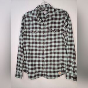 Carhartt Shirt Womens Plaid Flannel Long Sleeve Button Down Brown Teal s…